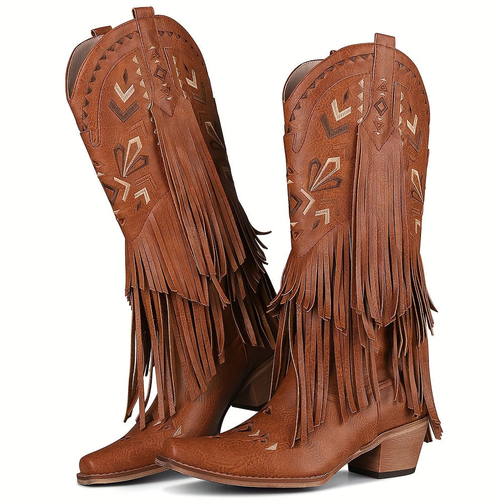 Womens Fashion Western Cowboy Boots - Stylish Mid-Calf, Chunky Heel, Pointed Toe - Premium Faux Leather, Timeless Charm - Maturing Footwear for the Modern Cowgirl