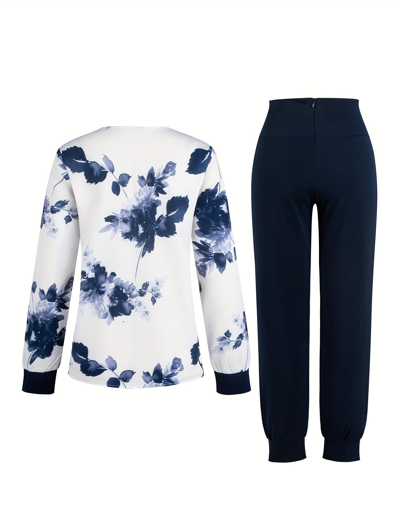 Leaf Print Two-piece Set, V Neck Long Sleeve Top & Baggy Joggers Outfits, Women's Clothing