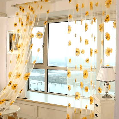 2Pcs Living Room Bedroom Gauze Sunflower Curtain, Translucent Sheer Tulle Valances Panel For Home Door Window Balcony Decoration