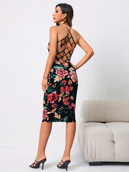 Romantic Floral Print Crisscross Backless Dress - Chic Sleeveless Spaghetti Strap Bodycon Style - Womens Fashion Must-Have