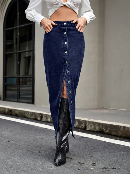 Chic High-Waist Denim Maxi Skirt - Front Single-Breasted & Slit Design - Fashionable Casual or Streetwear Style for a Flattering, Alluring Look