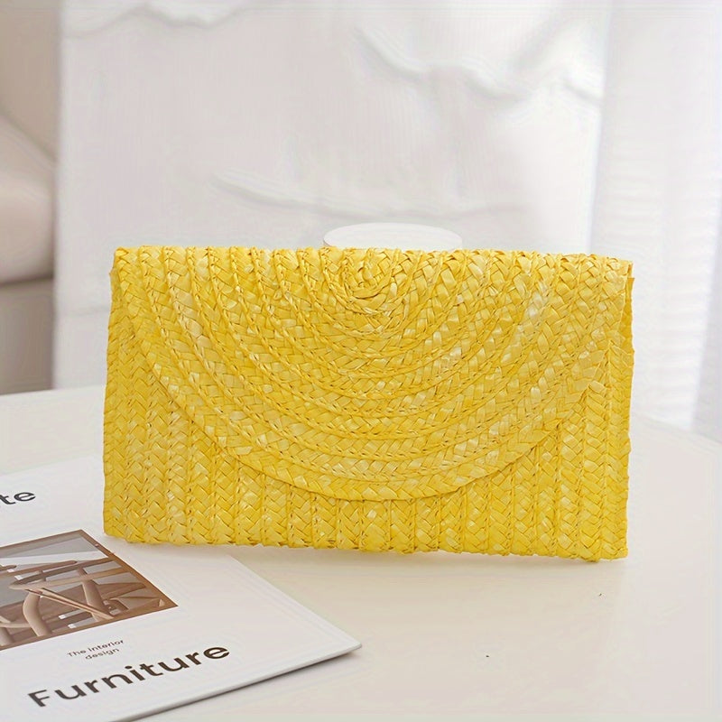 Classic Solid Color Woven Straw Clutch Purse For Women, Envelope Style Flap Coin Purse For Women