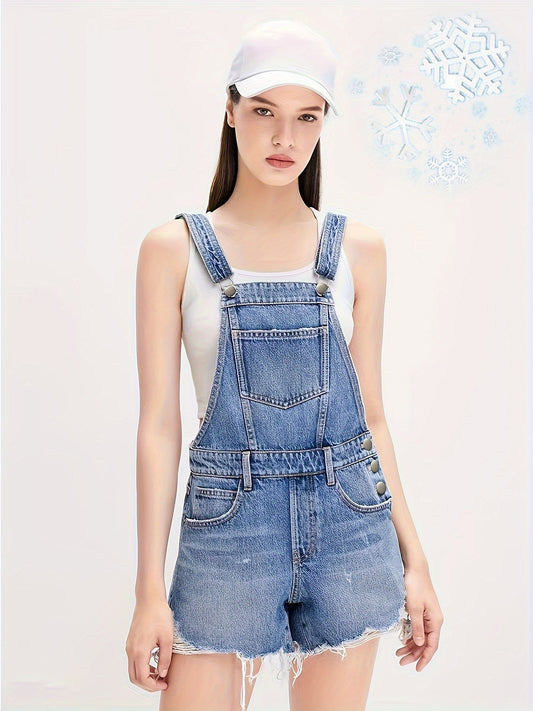 Women's Denim Overalls Shortalls, Casual Style, Frayed Hem, Side Button Detail, Adjustable Straps, Summer Fashion Jean Rompers