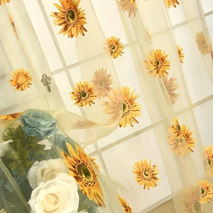 2Pcs Living Room Bedroom Gauze Sunflower Curtain, Translucent Sheer Tulle Valances Panel For Home Door Window Balcony Decoration