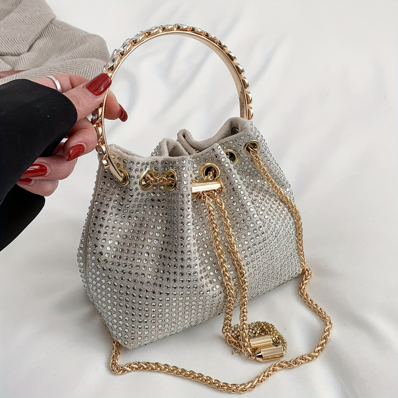 All Over Bright Rhinestone Bucket Bag, Drawstring Small Banquet Satchel Bag, Women's Luxury Dinner Shoulder Chain Bag And For Music Festival