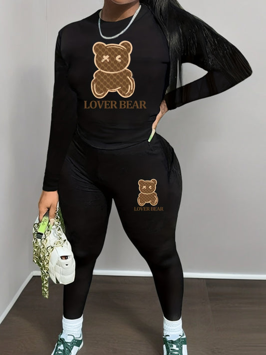 Chic Bear Print Two-Piece Set for Women - Comfortable Crew Neck Long Sleeve T-Shirt & Skinny Pants - Perfect for Casual Wear in Spring & Fall