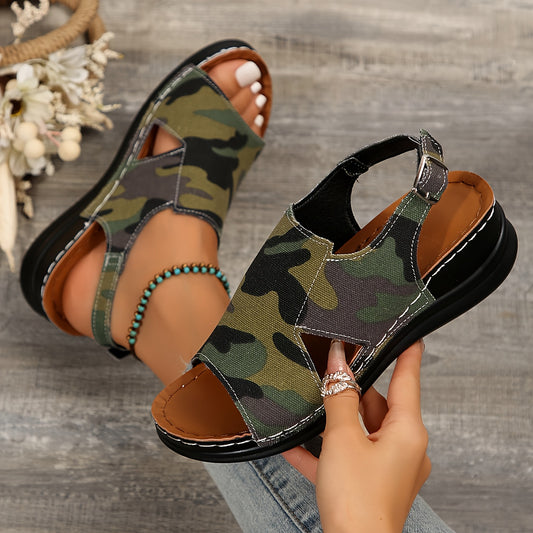 Camo Fabric Open Toe Flats with Buckle Closure, Cushioned Polyurethane Insole and Rubber Sole - Comfortable Breathable Outdoor Sandals from Taizhou