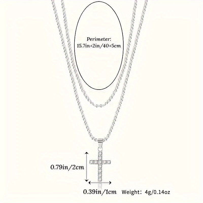 925 Sterling Silver Fashion Youth Plated Chain Cross Pendant Star Glitter Hypoallergenic Necklace, Elegant Temperament Cool Versatile Jewelry Perfect Gifts For Women