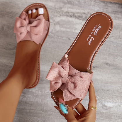 Breezy Summer Slide Flats - Stylish Bow Accent, Single Band Open Toe, Perfect for Indoor & Outdoor, Beach Vacation Ready, Comfortable & Lightweight Design