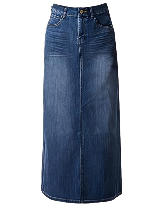 Womens Flattering Maxi Pencil Jean Skirt - Flattering High Waist Design, Classic A-Line Silhouette, Flowing Long Length - Designed for Ladies and Women, Made from Premium Blue Denim, Stylish Jean Skirt Style