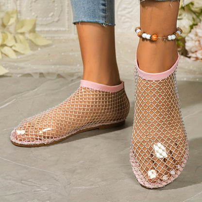 Stylish Women's Rhinestone Flat Sandals - Breathable Hollow Out Mesh Design, Slip-On Comfort, Fashionable Outdoor Beach Shoes for Summer