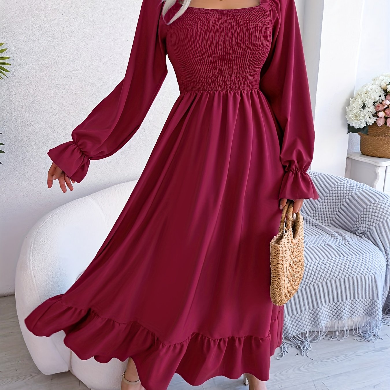 Bold Solid Squared Neck Lantern Sleeve Maxi Dress - Fashionable High Waist, Backless & Ruffled Hem - Alluring Casual Style for Women - Long, Flowing & Versatile