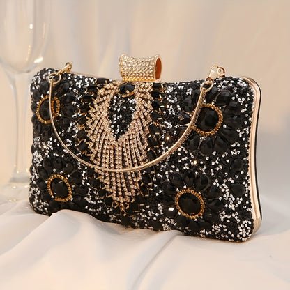 Vintage Ladies Evening Clutch With Rhinestones, PU Cocktail Handbag For Party Prom, Optional Chain Shoulder Strap