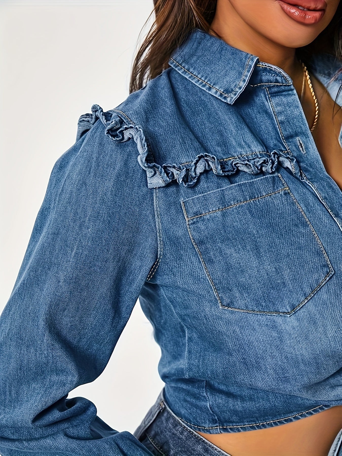 Frilled Knot Front Flounce Sleeve Denim Shirt Top, Lapel Patch Pocket Elegant Denim Top, Women's Denim Jeans & Clothing