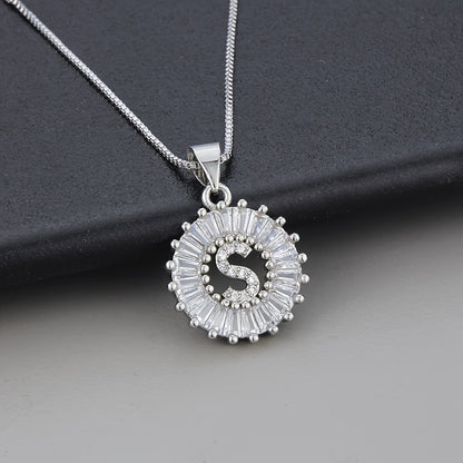 Silver Color Round Small 26 Letters Pendant Necklace Inlaid Zircon Women's Elegant Jewelry Gift