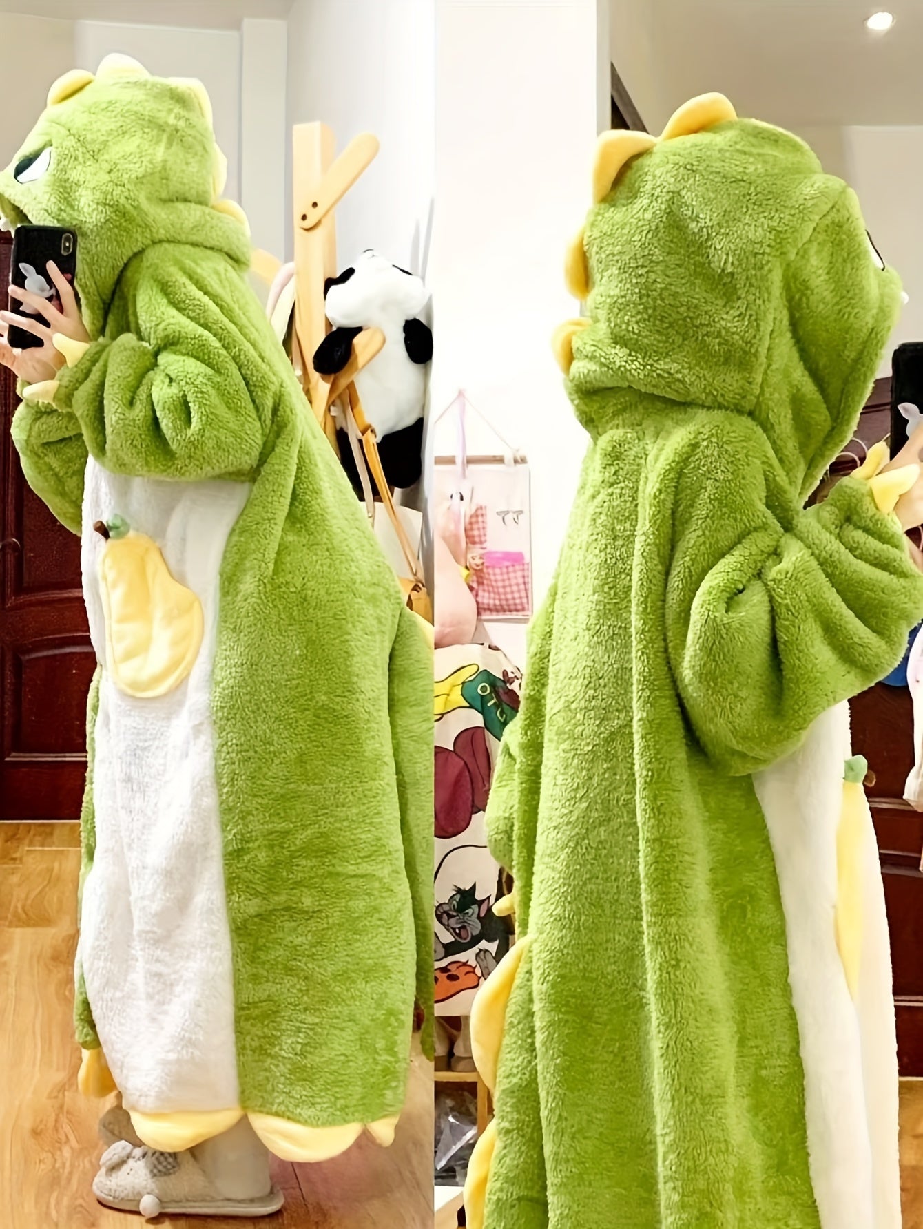 Cute Cartoon Dinosaur Fleece Thickened Night Robe For Fall & Winter, Long Sleeve Hooded Buttons Robe With Pockets, Women's Sleepwear & Dresses