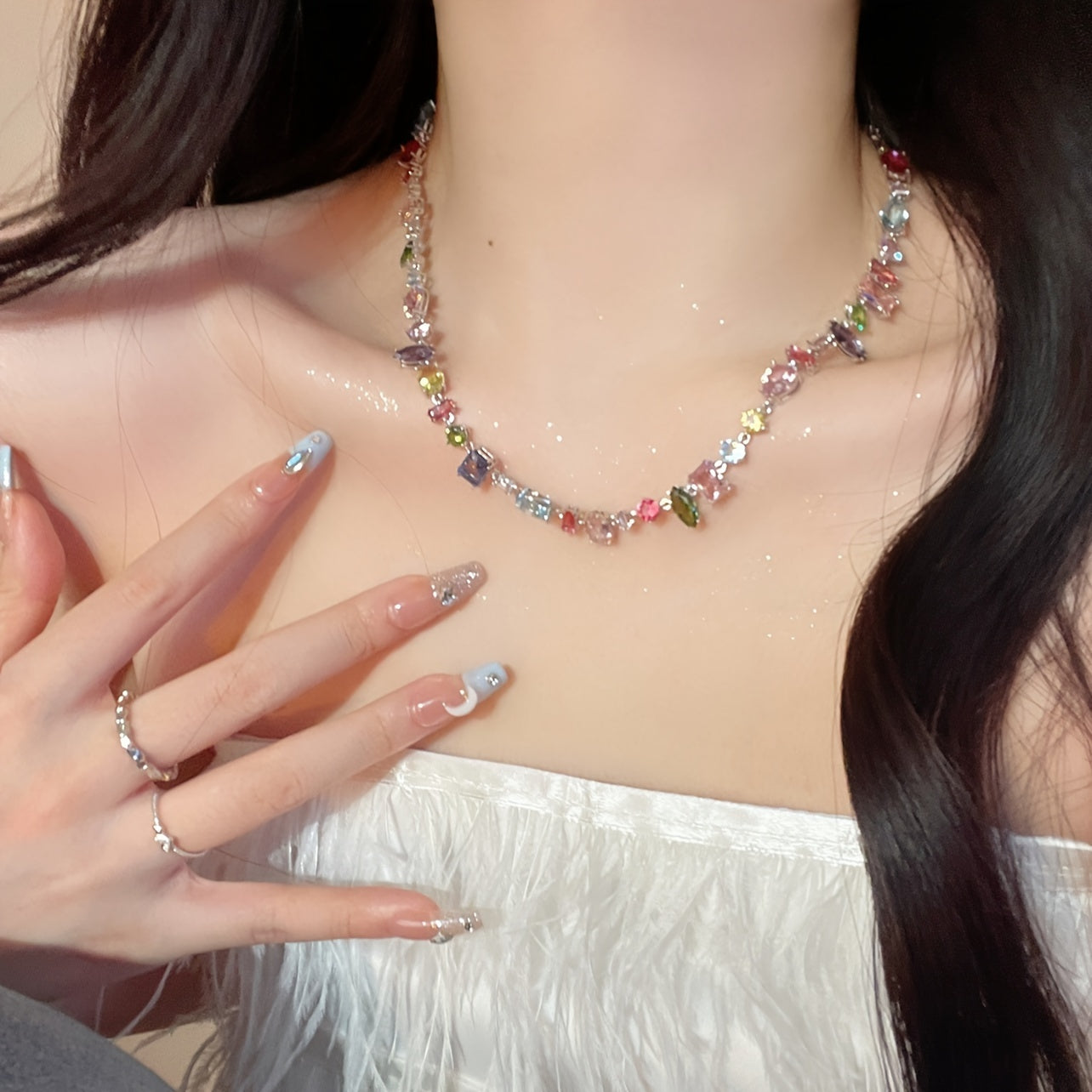 Vibrant Candy Crystal Zircon Necklace - Sparkling Y2K Bling Bling Rainbow Clavicle Chain - Perfect Eid Fashion Jewelry Gift