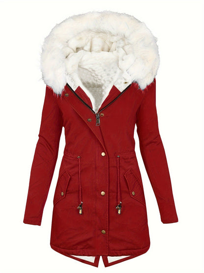 Womens Chic Thermal Parka Coat with Faux Fur Hood - Zip & Button Closure, Front Pockets, Ideal for Cold Weather