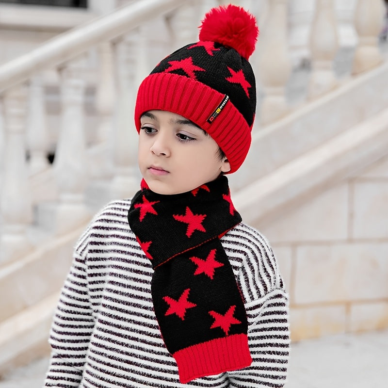 Kids Winter Hat and Scarf Set with Ear Protection, Knit Polyester Fitted Beanie Cap with Pom-Pom and Matching Striped Neck Warmer, Toggle Closure, Hand Wash, Christmas Occasion Themed, for Children Aged 3-14, Perfect for Daily Casual Wear in Fall/Winter