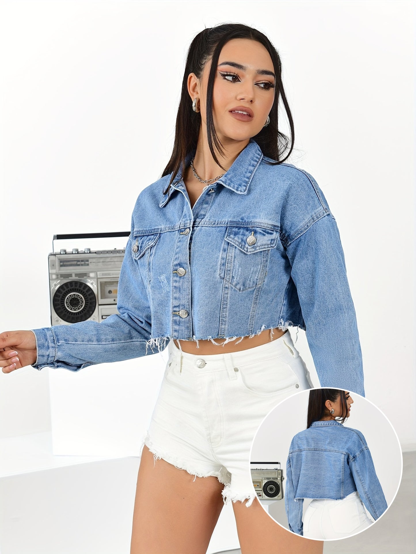 Long Sleeve Solid Color Crop Denim Jacket with Lapel Collar and Flap Pockets - Classic Casual Denim Top for Women - Perfect for Spring, Summer, and Fall Seasons