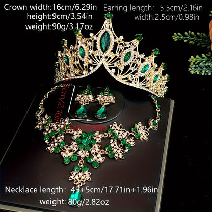 Radiant Sparkle Jewelry Set - Luxurious 18k Gold Plated Dangle Earrings, Necklace & Crown - Hand-Crafted Rhinestones, Choose Your Perfect Color - Ideal for Wedding & Glamorous Events