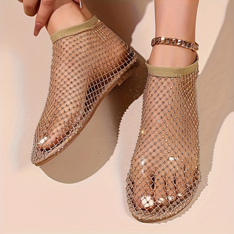 Stylish Women's Rhinestone Flat Sandals - Breathable Hollow Out Mesh Design, Slip-On Comfort, Fashionable Outdoor Beach Shoes for Summer