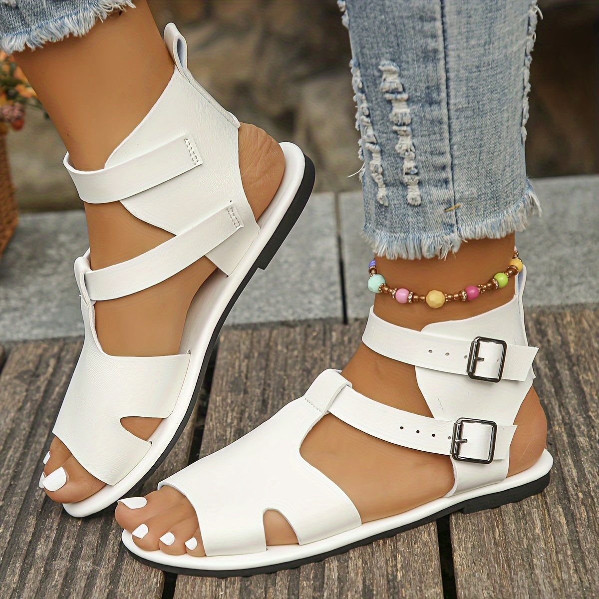 Womens Flat Heel Ankle Strappy Sandals - Lightweight, Breathable, Comfortable, Hollow Out Design, Buckle Closure, Synthetic Leather Upper, PU Sole, Perfect for Beach, Holiday, and Daily Wear