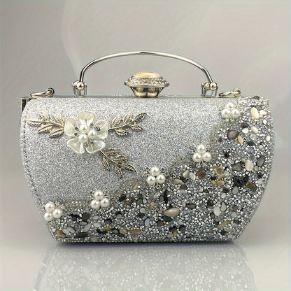 Faux Pearl Rhinestone Floral Evening Bag, Elegant & Charming Dress Clutch Purse, Women's Fashionable Handbag For Wedding Party Prom