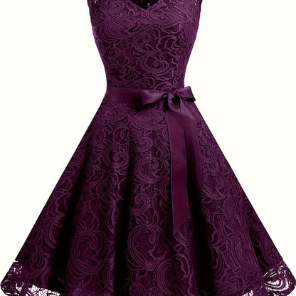 LOVECCR Charming Lace V-Neck Bridesmaid Dress - Adjustable Tie Waist, Flowy Sleeveless Swing Style - Premium Evening Wear for Women