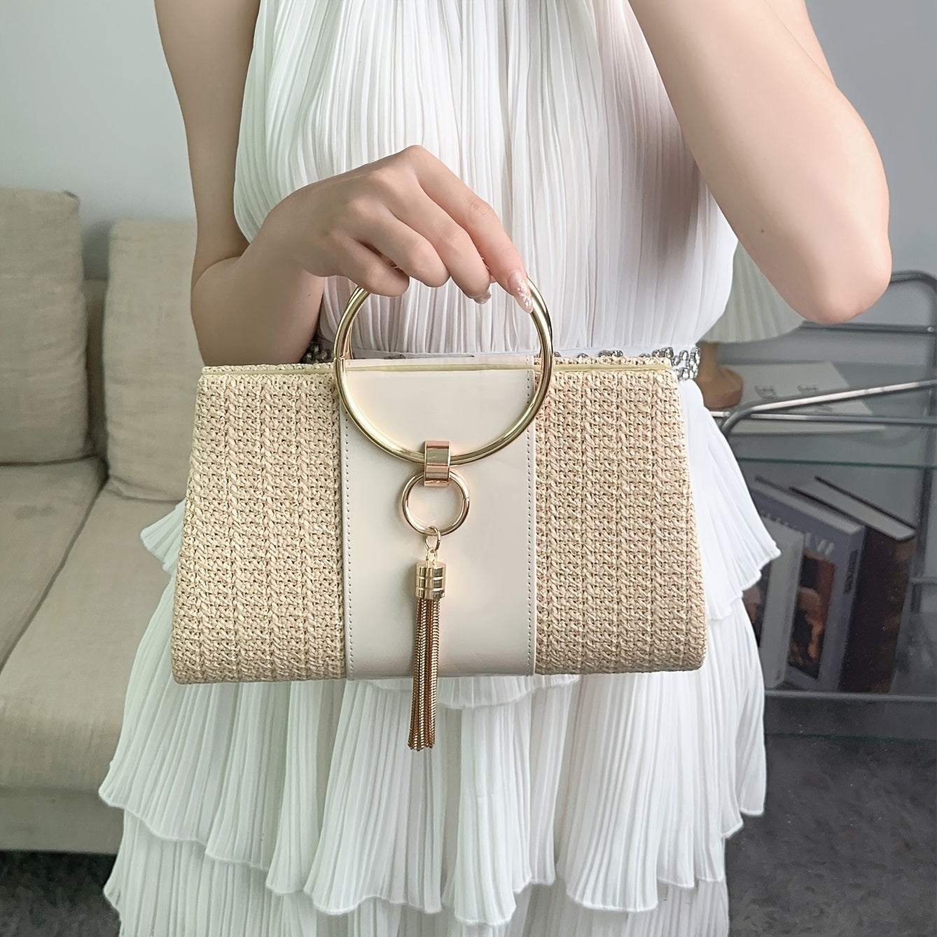 Tassel Decor Straw Evening Bag, Women's Elegant Shoulder Bag With Removable Strap, Summer Beach Woven Metal Ring Handbag Best Gifts for Carnaval