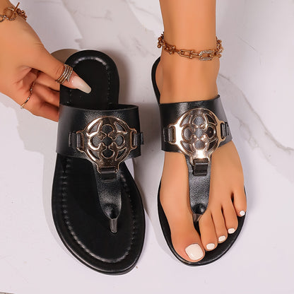 Shimmering Womens Metallic Buckle Flip Flops - Lightweight Slip-On Soft Sole Slides - Perfect for Summer Beach Casual Wear