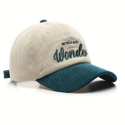 1pc Elegant Unisex Two-Tone Corduroy Baseball Cap with WONDER Embroidery - Stylish Sunshade, Ideal Gift for Outdoor Sports Enthusiasts, Perfect for Casual Wear