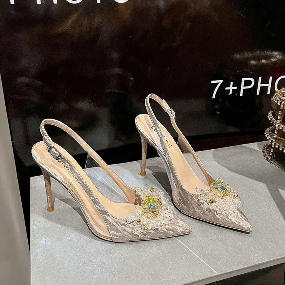 New Fine Heel Pointy Diamond Pumps Pearl Wedding Shoes Sparkles Baotou Glass Glue High-Heeled Sandals