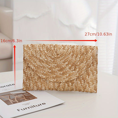 Classic Solid Color Woven Straw Clutch Purse For Women, Envelope Style Flap Coin Purse For Women