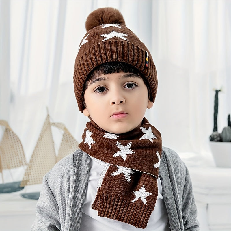 Kids Winter Hat and Scarf Set with Ear Protection, Knit Polyester Fitted Beanie Cap with Pom-Pom and Matching Striped Neck Warmer, Toggle Closure, Hand Wash, Christmas Occasion Themed, for Children Aged 3-14, Perfect for Daily Casual Wear in Fall/Winter