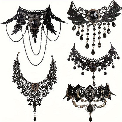 5pc Gothic Steampunk Choker Necklace Set - Intricate Pendant Designs, Alluring Black Lace Collar, Edgy Punk Style - Fashion Forward Accessories for Women - Perfect Festive Costume Accent