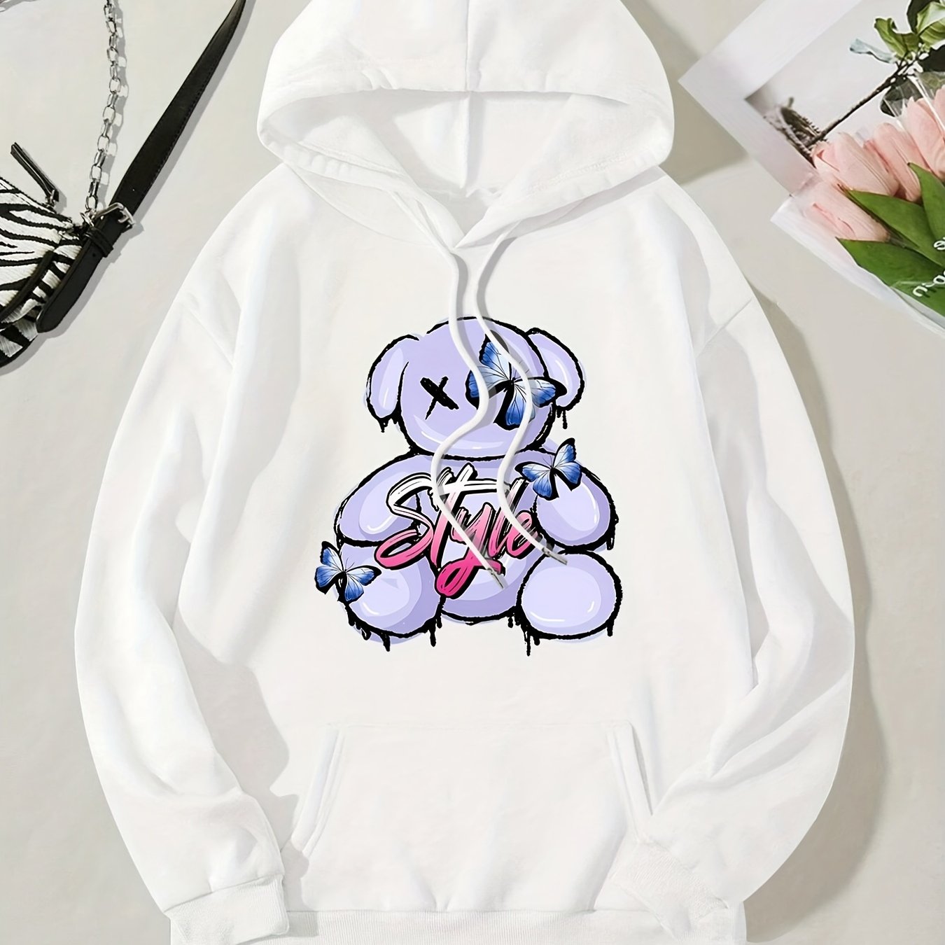 Trendy Bear Print Kangaroo Pocket Hoodie - Women's Casual Long Sleeve Drawstring Sweatshirt with Relaxed Fit, Soft Fleece Lining, and Adjustable Hood - Perfect for Daily Wear, Outdoor Activities, and Gift Ideas