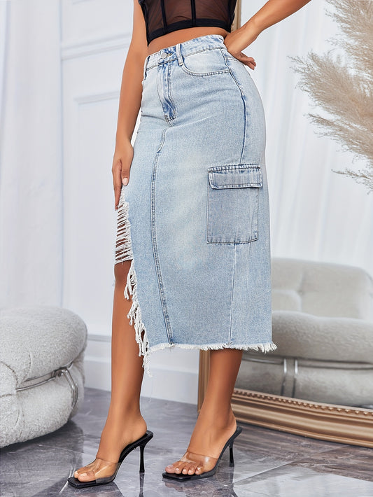 All-season Chic High-Waist Denim Skirt with Tassel, Pocket, and Comfy Slit - Easy Maintenance & Style