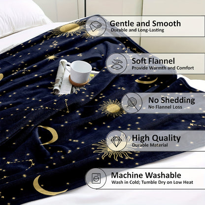 Contemporary Celestial Design Flannel Throw Blanket - Hypoallergenic Cozy Lightweight, Machine Washable, Digital Print, All-Season Multipurpose Polyester Bedding with Sun, Moon, and Stars Pattern