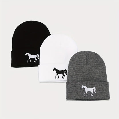 1pc Stylish Horse Embroidery Knitted Beanie Hat - Soft, Warm, and Fashionable for Men and Women Outdoor Activities - Unisex All-Match Design for Casual Wear