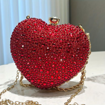 Rhinestone Heart-Shaped Clutch Purse, Fashionable Evening Bag With Chain Strap, Glittering Elegant Handbag For Parties, Prom, Weddings