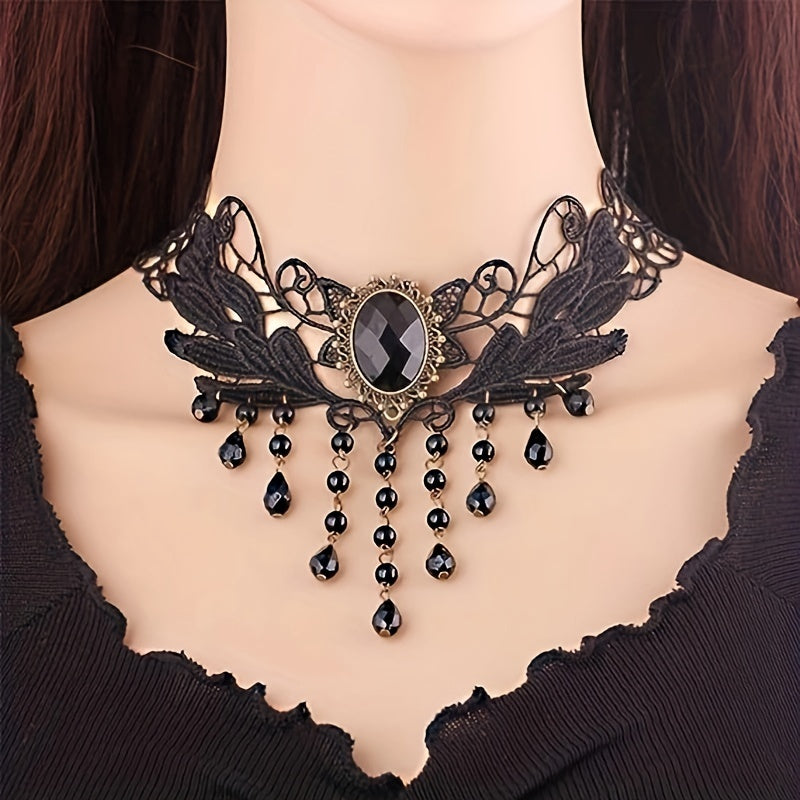 5pc Gothic Steampunk Choker Necklace Set - Intricate Pendant Designs, Alluring Black Lace Collar, Edgy Punk Style - Fashion Forward Accessories for Women - Perfect Festive Costume Accent