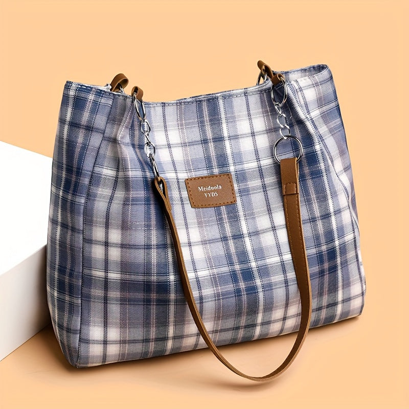 Large Capacity Chic Plaid Tote Bag - Versatile Shoulder Carryall, Perfect for Commuting & School, Stylish & Durable Everyday Accessory