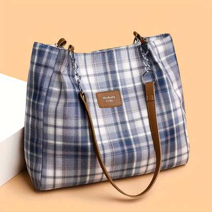 Large Capacity Chic Plaid Tote Bag - Versatile Shoulder Carryall, Perfect for Commuting & School, Stylish & Durable Everyday Accessory