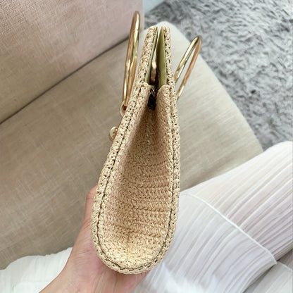 Tassel Decor Straw Evening Bag, Women's Elegant Shoulder Bag With Removable Strap, Summer Beach Woven Metal Ring Handbag Best Gifts for Carnaval