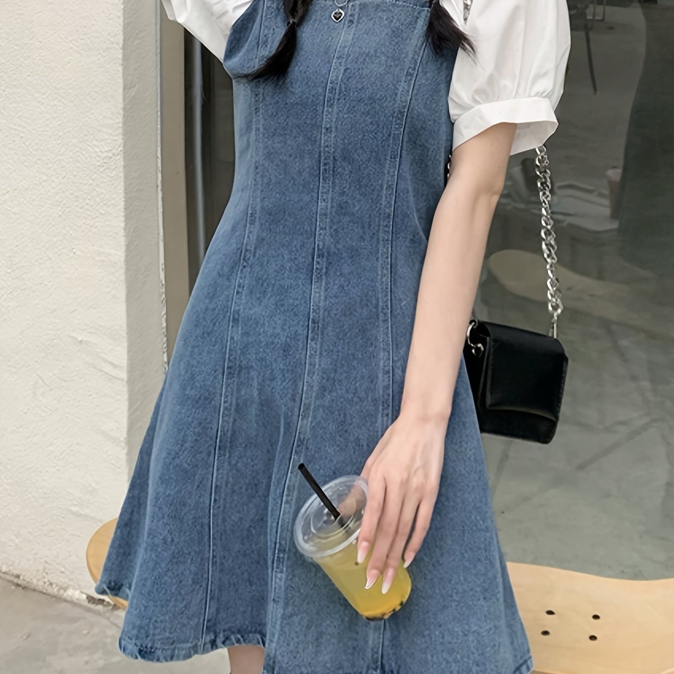 Vibrant Womens Denim Dress - Relaxed Fit, Trendy Patch Puff Sleeve, Short Sleeve, Solid Color, Versatile for Multiple Styling Options - Inspired by Street Fashion, Perfect for Summer Outings