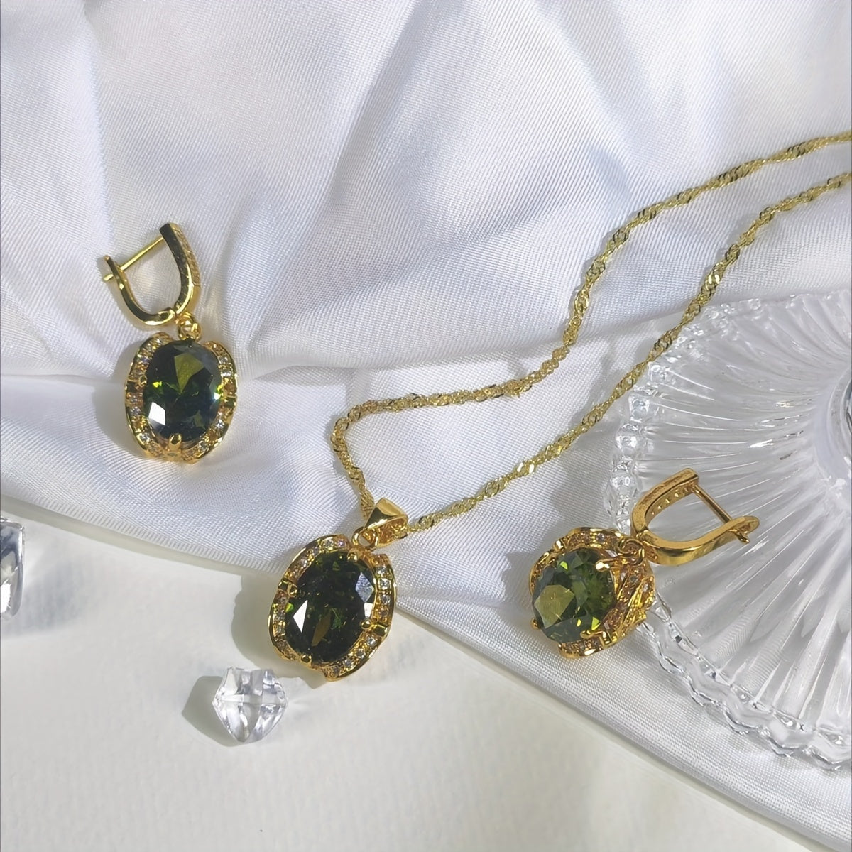 3pcs Glamorous 18K Gold-Plated Jewelry Set - Geometric Cubic Zirconia Necklace and Earrings in Olive Green for Weddings, Valentines Gifts & More