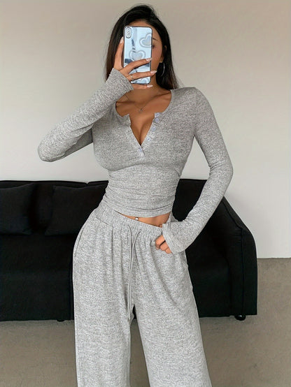 TWO-PIECE SET - Chic Long Sleeve Top with Button Front & Drawstring Waist Wide Leg Pants - Comfortable, Versatile, and Flattering Outfit for Women's Everyday Wear