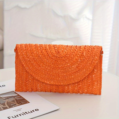 Classic Solid Color Woven Straw Clutch Purse For Women, Envelope Style Flap Coin Purse For Women