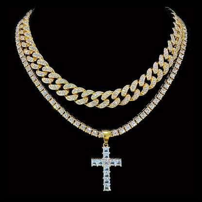 2pcs/Set Hip-hop Miami Cuban Chain Zircon Cross Necklace For Women Men Iced Out Rhinestone Rapper Punk Unisex Necklace Jewelry Gifts